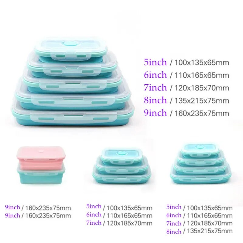 4Sizes Silicone Collapsible Lunch Box Food Storage Container Colorful Microwavable Portable Picnic Camping Rectangle Outdoor Box