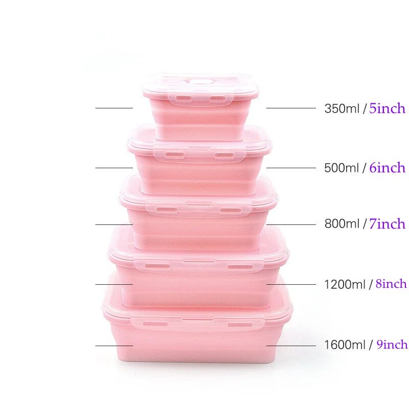 4Sizes Silicone Collapsible Lunch Box Food Storage Container Colorful Microwavable Portable Picnic Camping Rectangle Outdoor Box